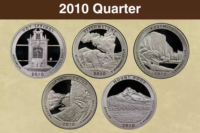 2010 America the Beautiful quarter obverse and reverse showing Washington portrait and Yellowstone Old Faithful design