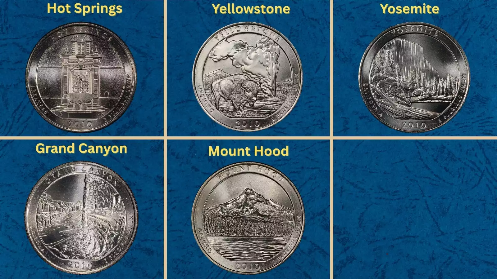 Group of 2010 America the Beautiful quarters showing all five national park designs